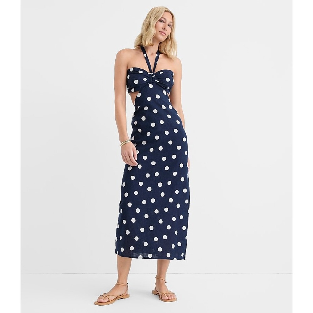 LOFT Beach Polka Dot Halter Maxi Dress Navy Blue White XXS Linen Cotton Cutout